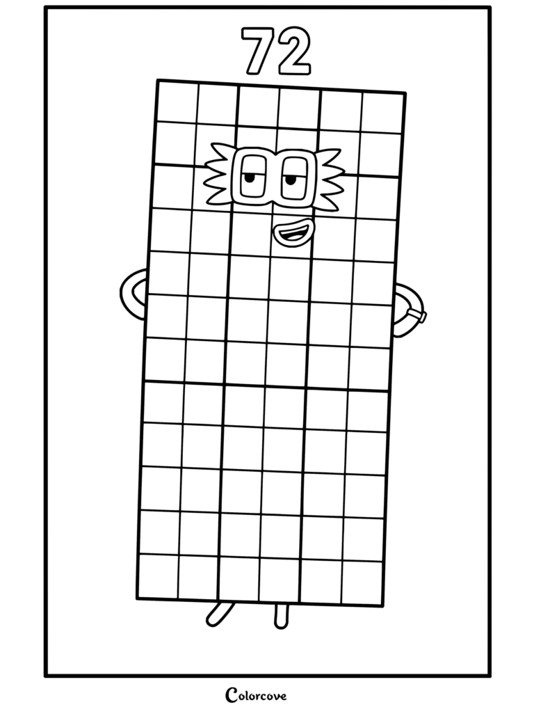 Coloriage de Soixante-douze de Numberblocks représentant le grand personnage rectangulaire en blocs au sourire confiant et aux cheveux en épi.