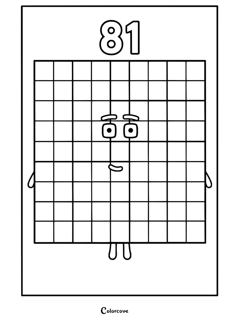 Coloriage de Quatre-vingt-un de Numberblocks montrant un grand personnage en grille 9x9 au visage amical.