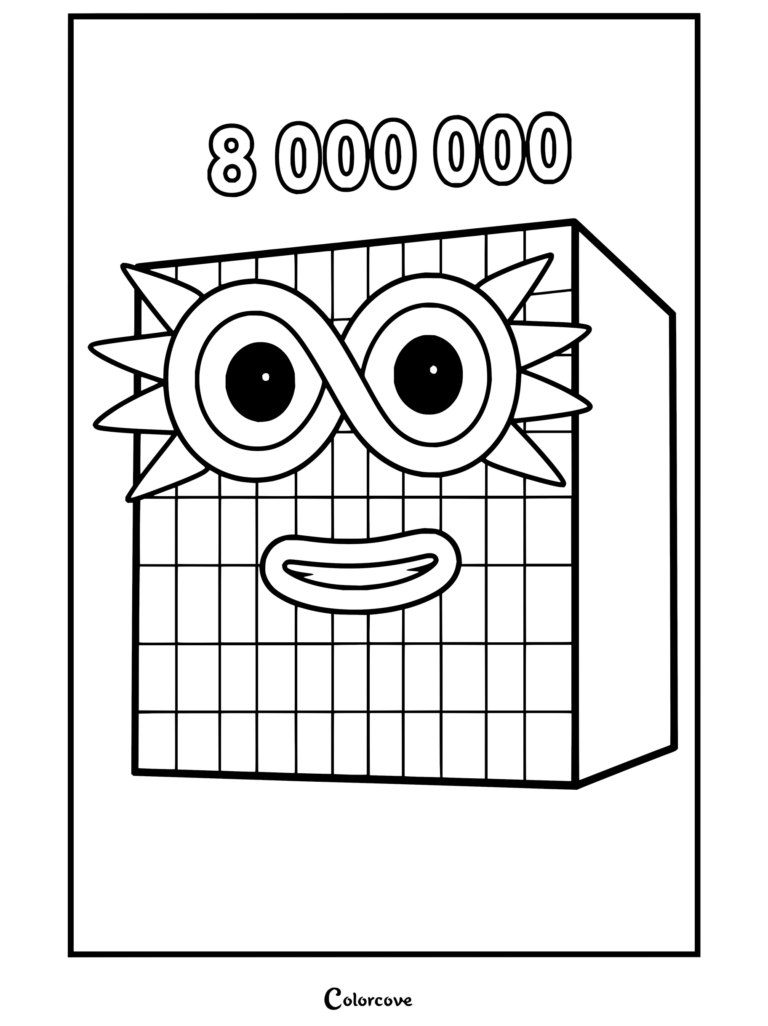 Coloriage Numberblocks Huit Millions mettant en scène un personnage aux yeux en forme d'infini et au corps cubique.