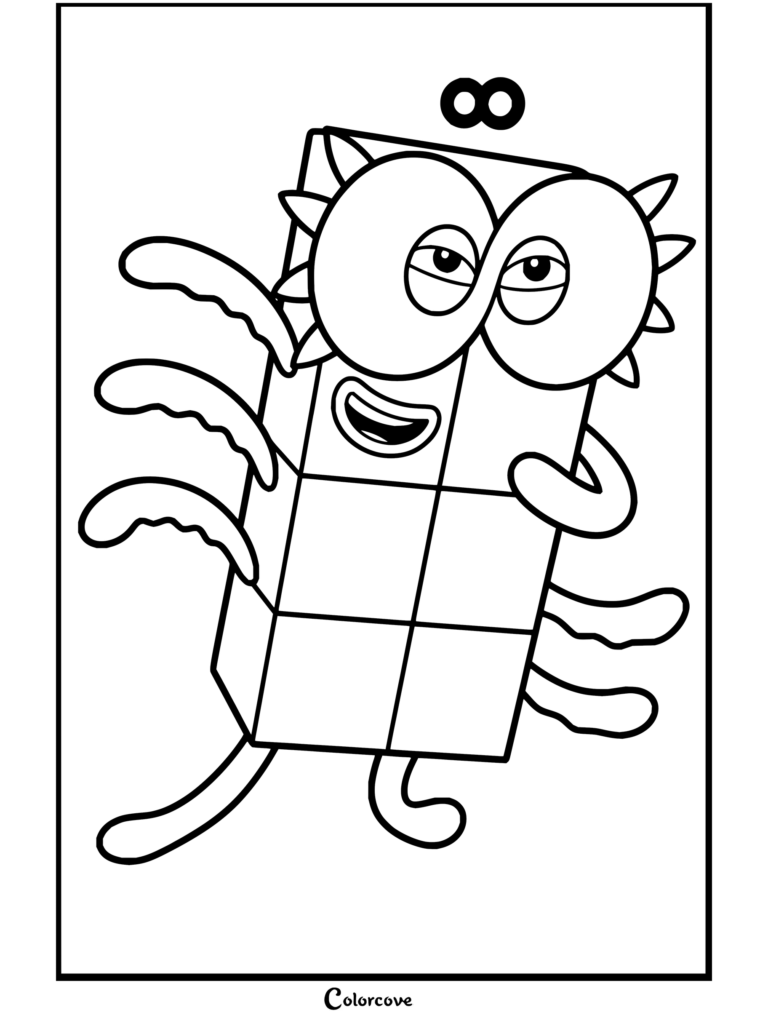 Coloriage pour enfants d'Infinaughty de Numberblocks avec ses huit jambes vertes, ses lunettes et son air joyeux.
