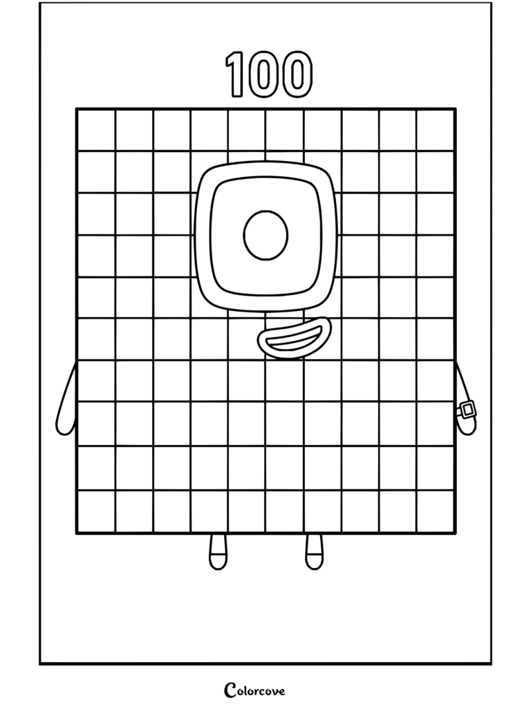Coloriage de Numberblocks représentant le Numberblock 100 debout avec une expression souriante et confiante, un corps en grille rose, des yeux noirs et un visage blanc.