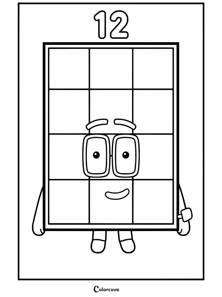 Portrait à colorier du personnage Numberblock 12 souriant, bloc orange pourvu d'yeux.