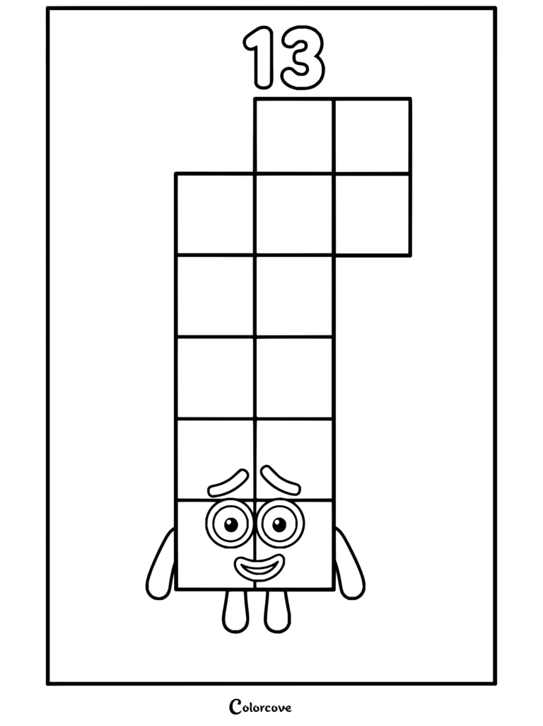 Coloriage Numberblocks à imprimer représentant Numberblock 13 à l'expression inquiète, composé de blocs jaunes et blancs.