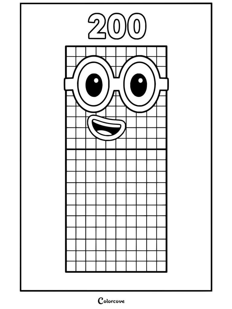 Coloriage à imprimer de Numberblocks représentant le Numberblock 200 à damier jaune avec des lunettes violettes et un air joyeux.