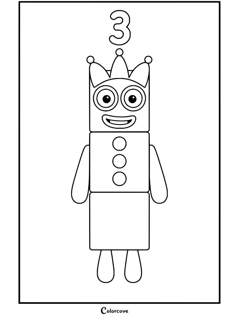 Coloriage de Numberblock 3 vu de face avec ses blocs jaunes, ses trois points rouges et sa couronne.