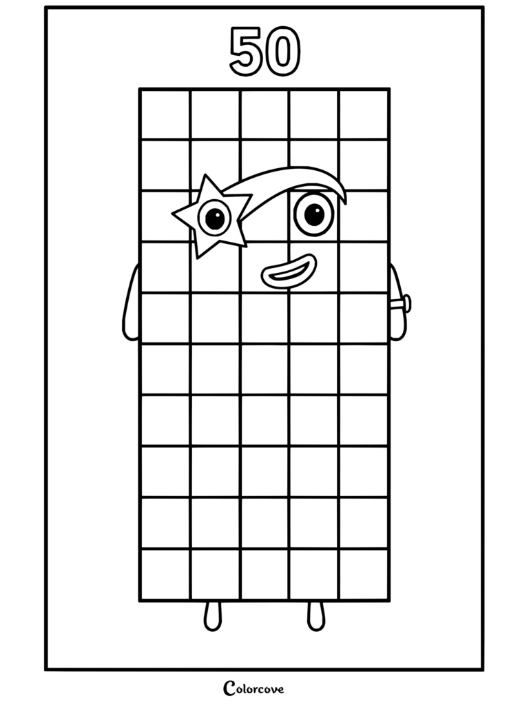 Coloriage du Numberblock 50 debout de toute sa hauteur, avec ses nuances de bleu clair, son cache-œil en étoile et ses cheveux en traînée de météore.