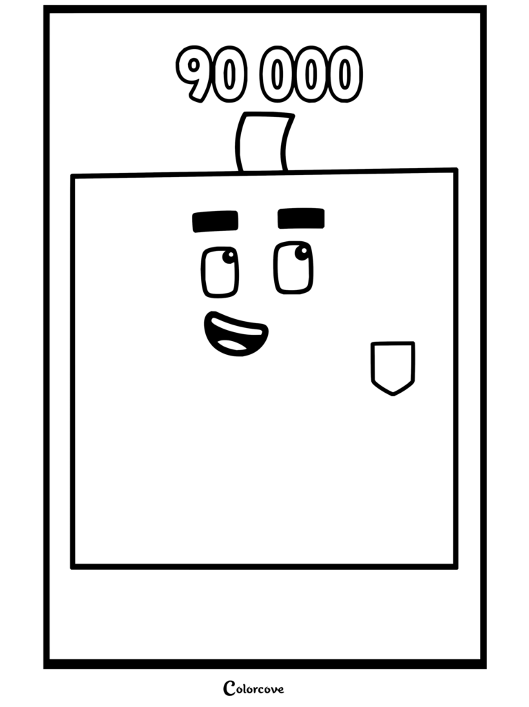 Coloriage de Numberblocks représentant le Numberblock 90 000, un personnage rectangulaire gris avec des traits expressifs et un badge numéroté.