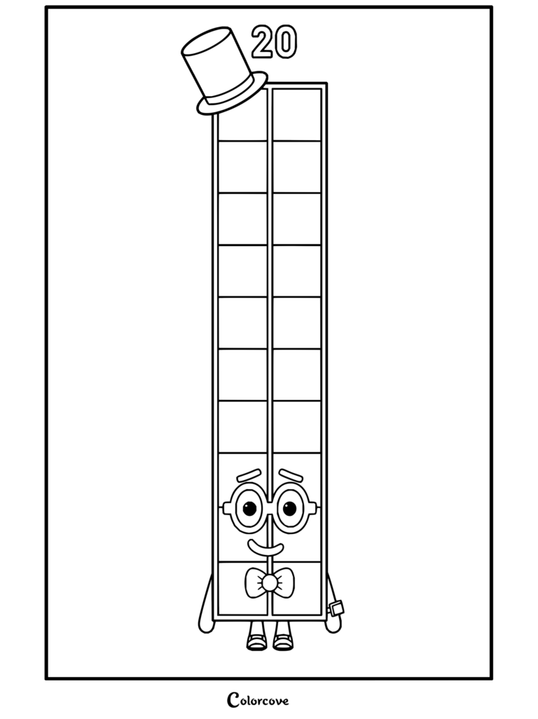 Coloriage Numberblocks montrant Vingt bien droit, coiffé d'un haut-de-forme violet, avec lunettes et nœud papillon.