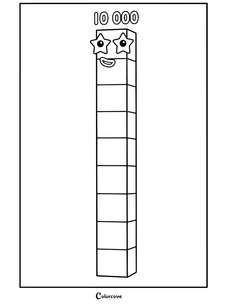 Coloriage du grand personnage en blocs rouge et blanc 10 000 de Numberblocks se tenant fièrement sur un fond rose.