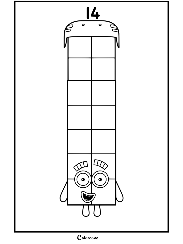 Coloriage du personnage Numberblocks 14 portant un casque de skate, avec des sourcils arc-en-ciel et un visage souriant.
