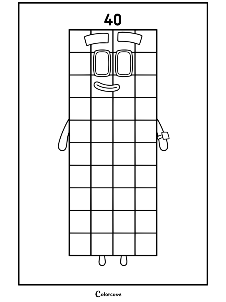 Coloriage pour enfants du personnage 40 de Numberblocks, un grand rectangle de blocs verts aux sourcils à motifs et à l'expression souriante.