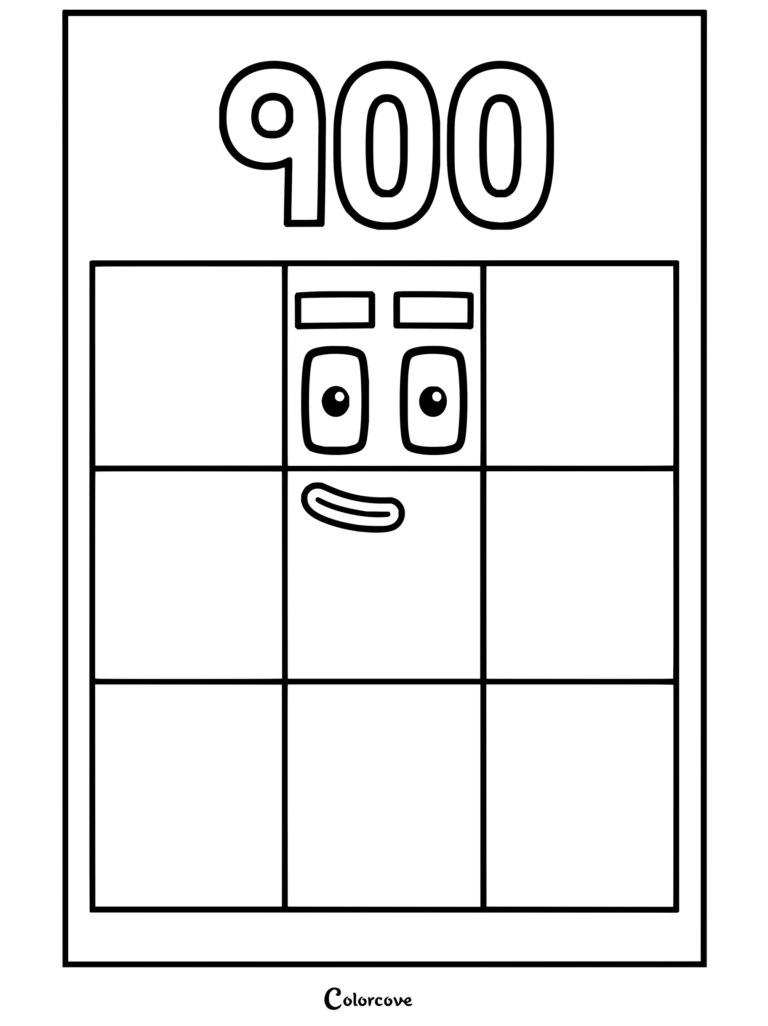 Coloriage mettant en scène le personnage 900 de Numberblocks en formation de grille 3x3 composée de blocs de trois cents aux nuances de gris clair, gris moyen et gris foncé.