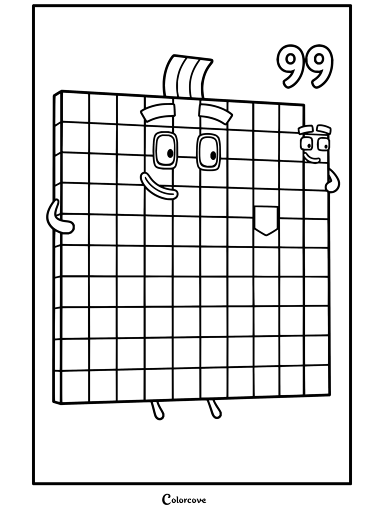 Coloriage du personnage 99 de Numberblocks composé de blocs plus petits, avec une expression amicale et l'inscription quatre-vingt-dix-neuf.