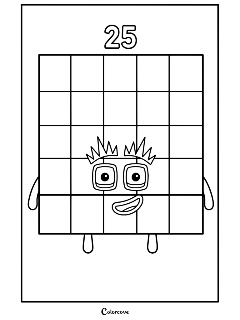 Coloriage de Vingt-cinq représentant le personnage carré 5x5 de Numberblocks avec un visage souriant.