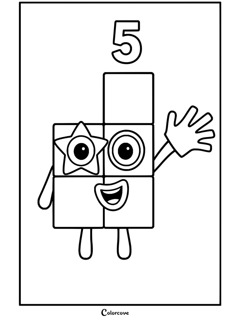 Coloriage pour enfants du personnage Numberblocks Cinq saluant d'un air joyeux avec son étoile bleue.