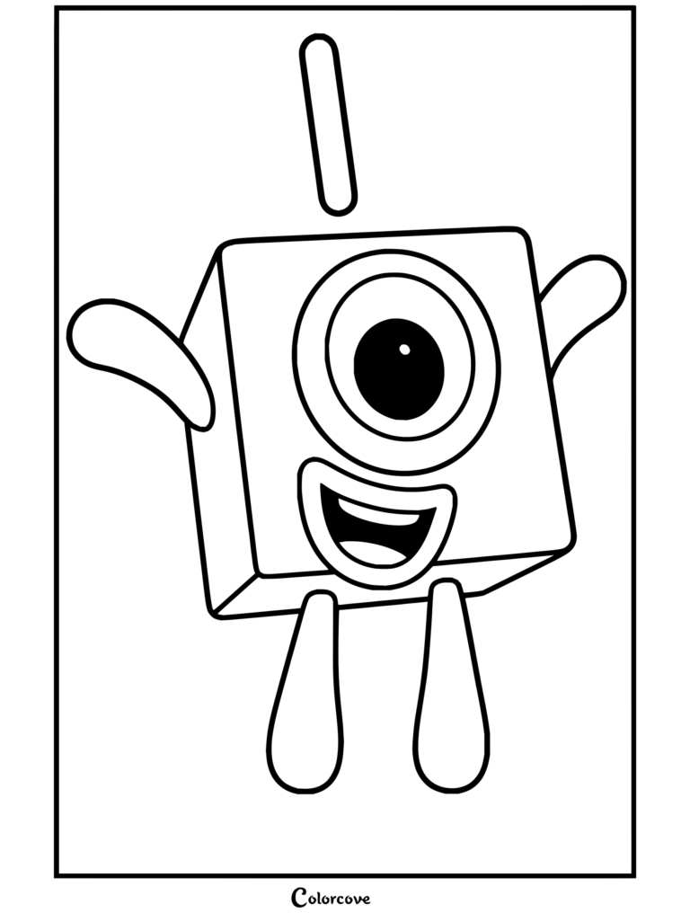 Coloriage du personnage Numberblocks Un souriant joyeusement, les bras tendus avec son bloc chiffre un flottant.