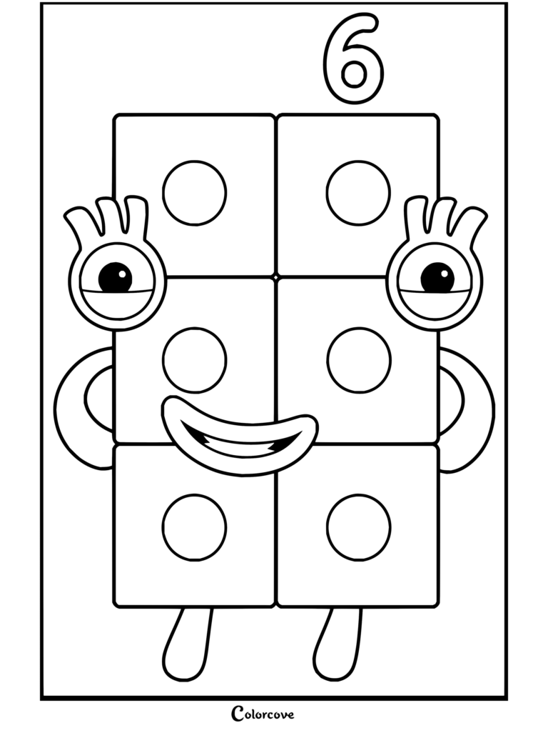 Coloriage du personnage Numberblocks Six souriant avec ses blocs violets et ses yeux rouges.
