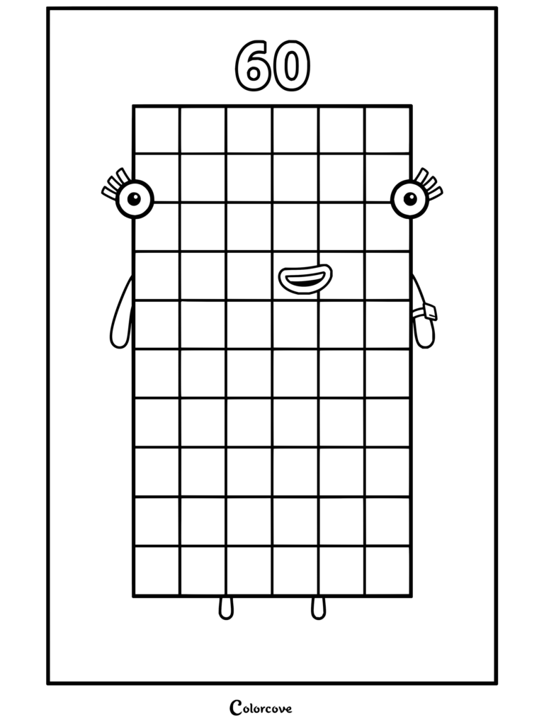 Coloriage à imprimer du personnage Soixante de Numberblocks debout, avec un visage souriant et de jolis cils.