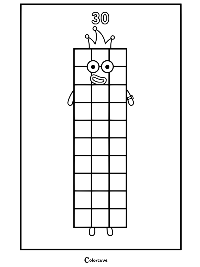 Coloriage du personnage Numberblocks Trente sous la forme d'un haut bloc jaune coiffé d'une couronne au visage souriant.