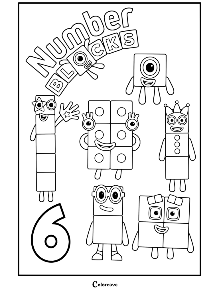 Coloriage Numberblocks gratuit présentant un groupe de personnages composé de Un, Six, Quatre, Trois, Deux et du symbole de Six.