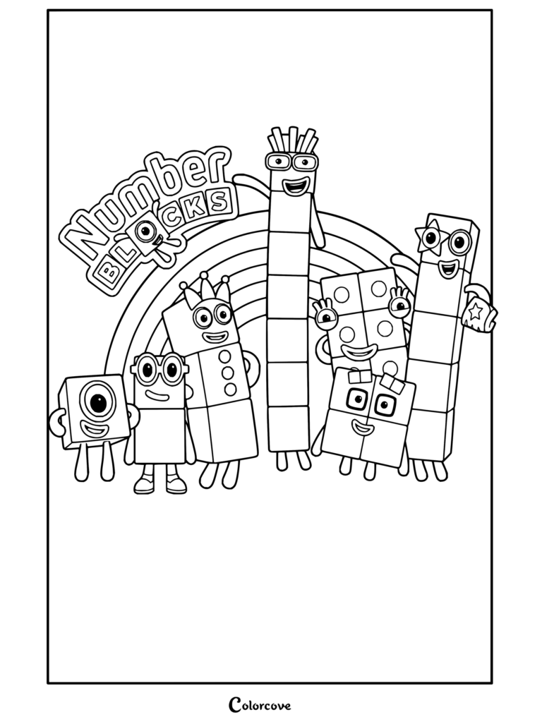 Coloriage des personnages Numberblocks Un, Deux, Trois, Quatre, Cinq, Six, Sept et Huit posant ensemble devant un arc-en-ciel et des nuages.