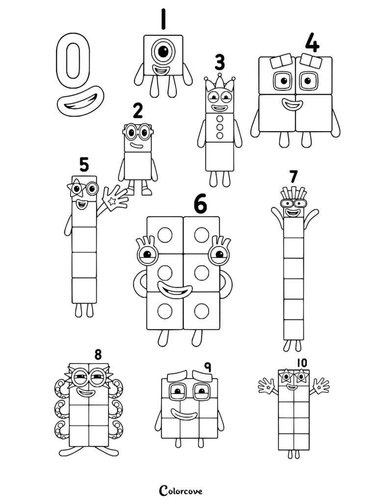 Coloriage finalisé des personnages Numberblocks alignés de Zéro à Dix.