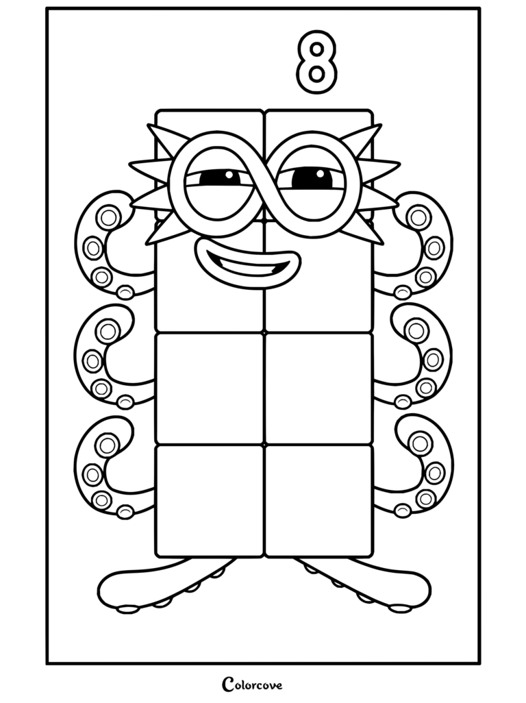 Coloriage Numberblocks de Huit composé de blocs roses, avec des tentacules de pieuvre, des lunettes infini et un sourire en coin.