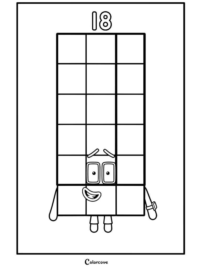 Coloriage du personnage Numberblocks Dix-huit se tenant fièrement avec un cadre de sélection rouge et des blocs roses.
