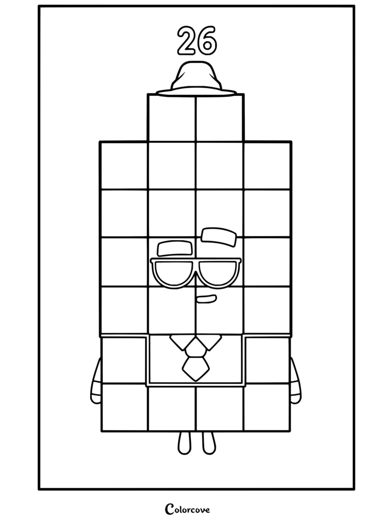 Coloriage Numberblocks Vingt-Six mettant en scène un personnage avec des lunettes, une cravate et un chapeau.