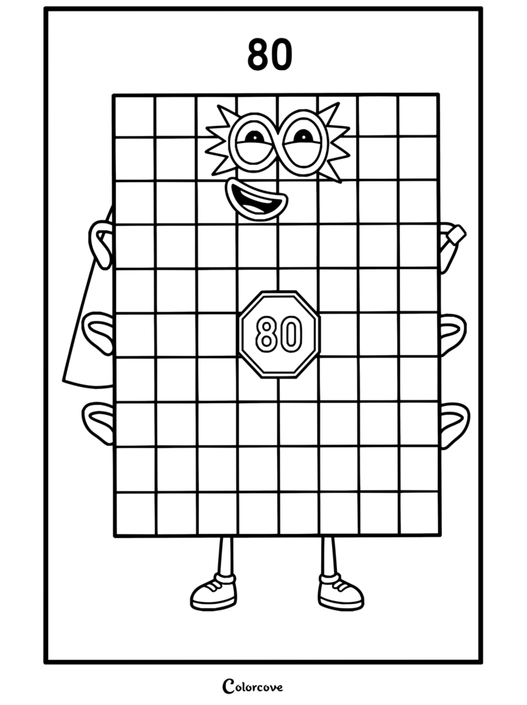 Coloriage du super-héros Quatre-vingts de Numberblocks avec ses yeux infinis et sa cape, mettant en vedette Quatre-vingts dans une posture héroïque.
