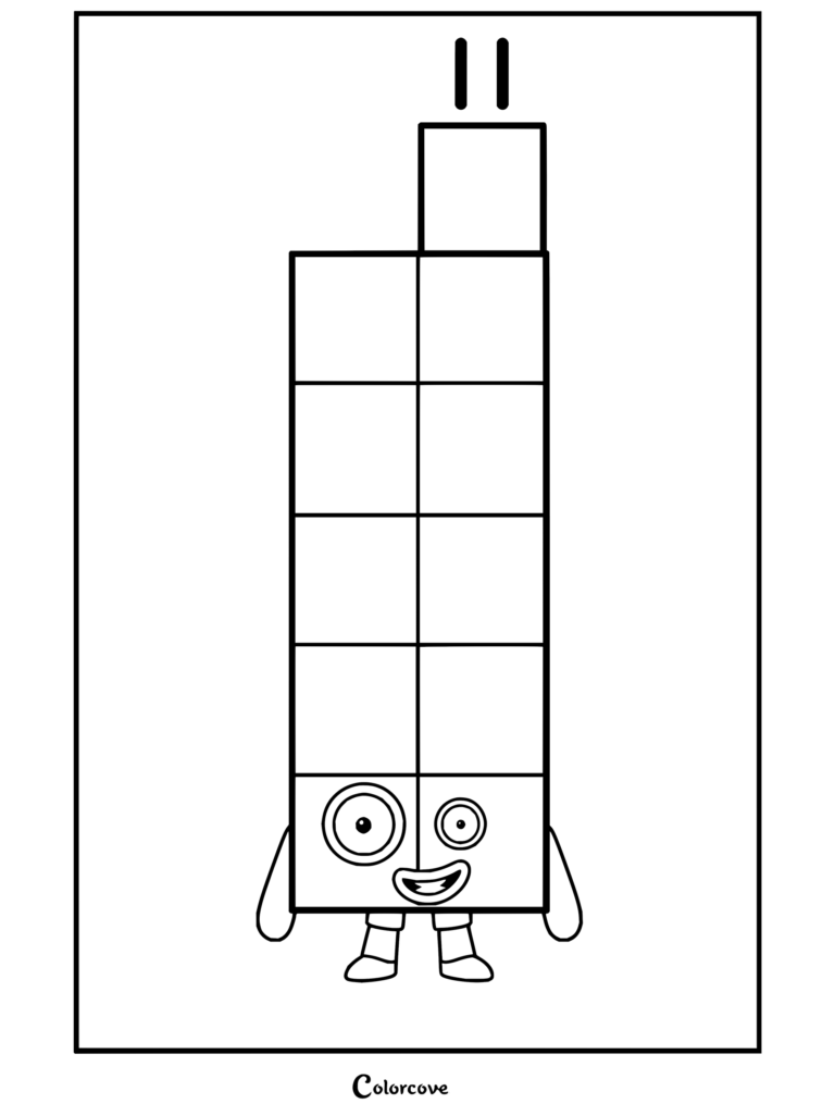 Coloriage Numberblocks Onze mettant en scène le grand personnage souriant avec son antenne formée d'un bloc.