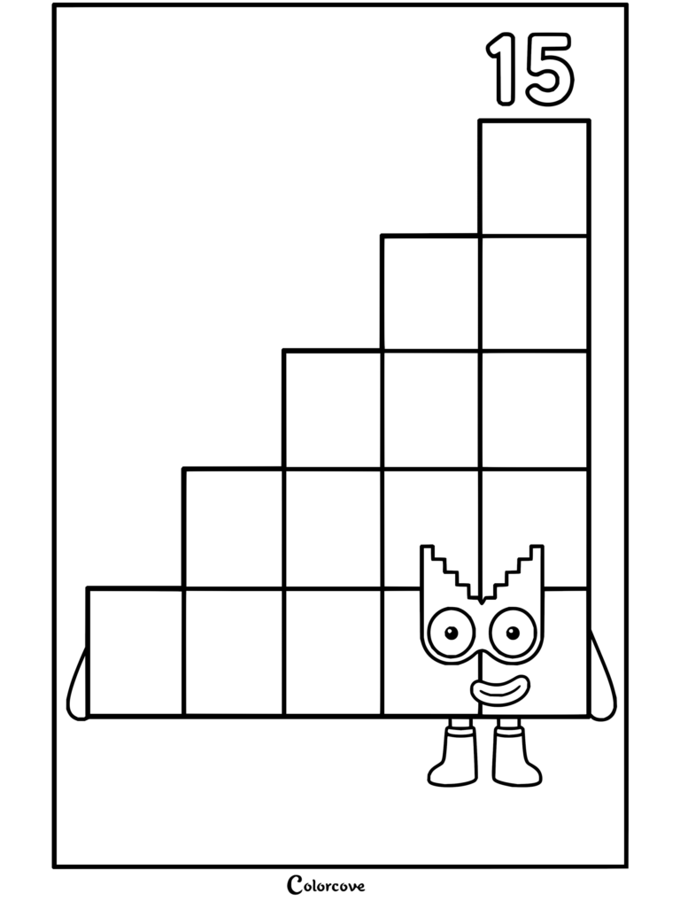 Coloriage Numberblocks de Quinze portant un masque de super-héros, debout près d'une structure en escalier faite de dix blocs.