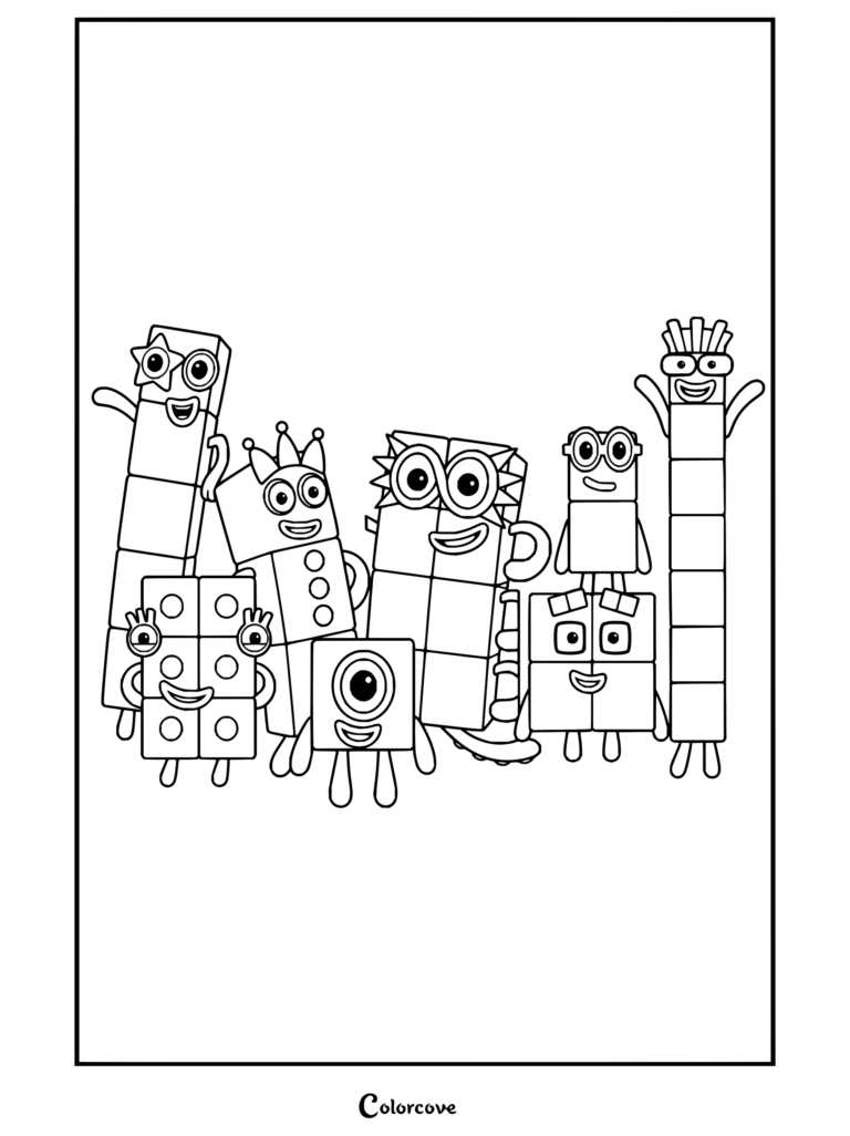 Coloriage à imprimer réunissant un groupe de personnages Numberblocks comprenant Un, Quatre, Cinq, Six, Sept, Huit, Dix et Quinze souriant ensemble.