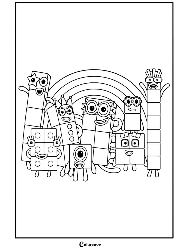 Coloriage Numberblocks réunissant un groupe de personnages avec Un, Quatre, Cinq, Six, Sept, Huit et Dix posant devant un arc-en-ciel et des nuages.