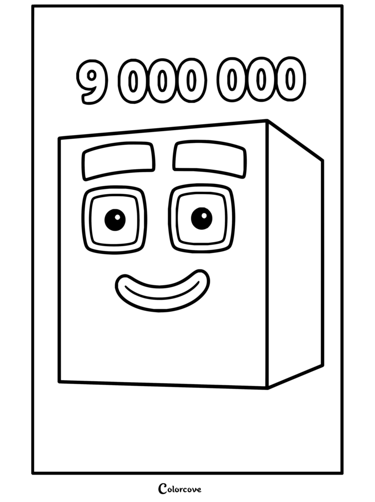 Coloriage du personnage bloc gris Numberblocks Neuf Millions avec un motif quadrillé et un visage.