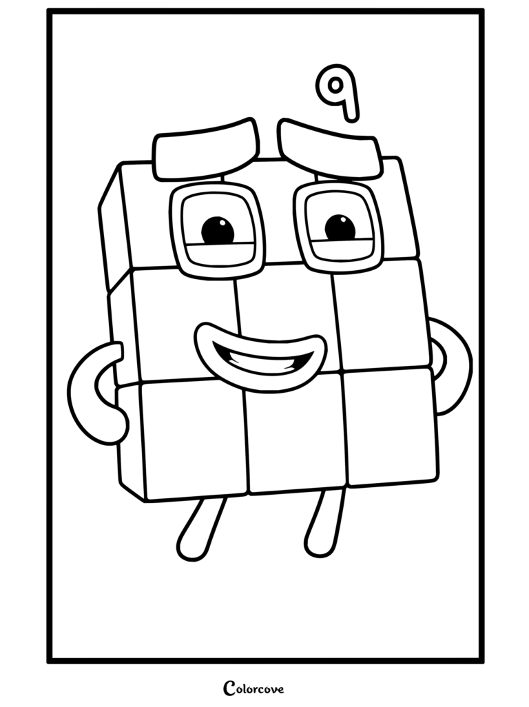 Coloriage Numberblocks de Neuf souriant d'un air assuré avec ses blocs gris et ses sourcils.
