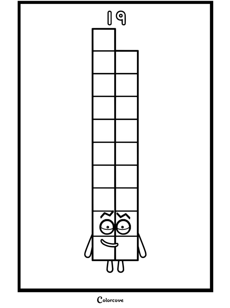 Coloriage Numberblocks montrant le personnage Dix-neuf formant une grande colonne de dix-neuf blocs pourvue d'un visage et de bras.