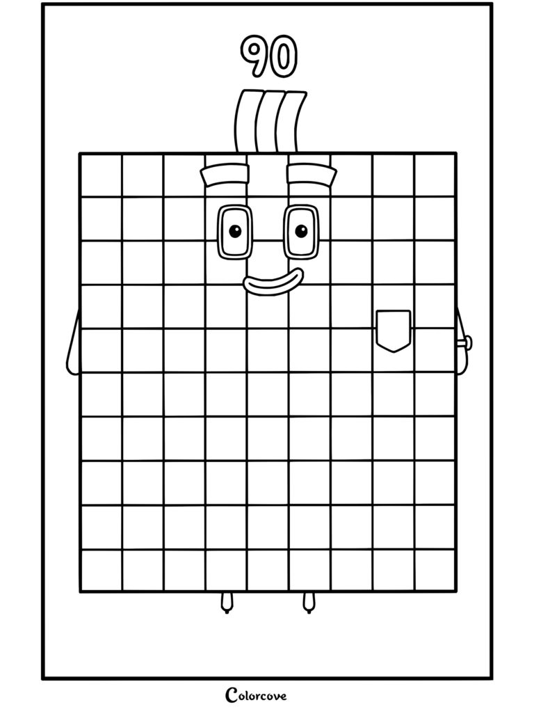 Coloriage du portrait du personnage Quatre-vingt-dix de Numberblocks composé de 90 blocs avec des colonnes gris clair et gris foncé, un visage souriant et le nombre 90 au sommet.