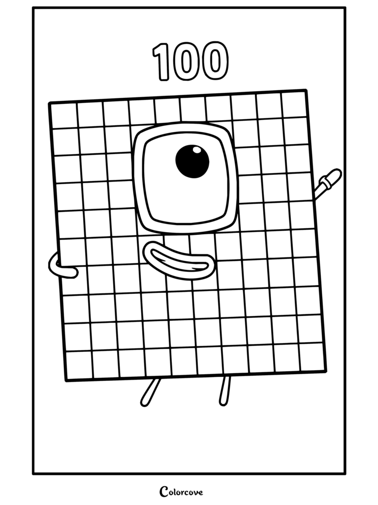 Coloriage du grand personnage carré rose Cent de Numberblocks, souriant et faisant un signe de la main.