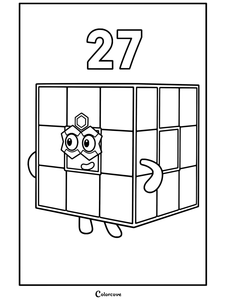 Coloriage à imprimer de Vingt-sept de Numberblocks sous la forme d'un personnage cube 3x3x3.