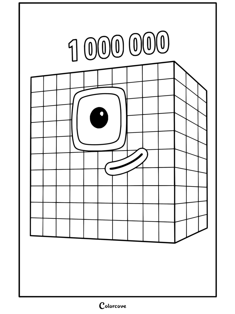 Coloriage du grand personnage cubique Un Million de Numberblocks avec un œil et un sourire.
