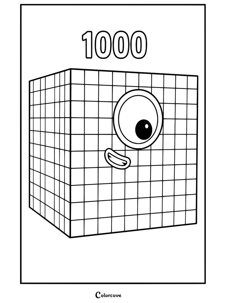 Coloriage du personnage Mille de Numberblocks, un grand cube rouge avec un seul grand œil et un sourire.