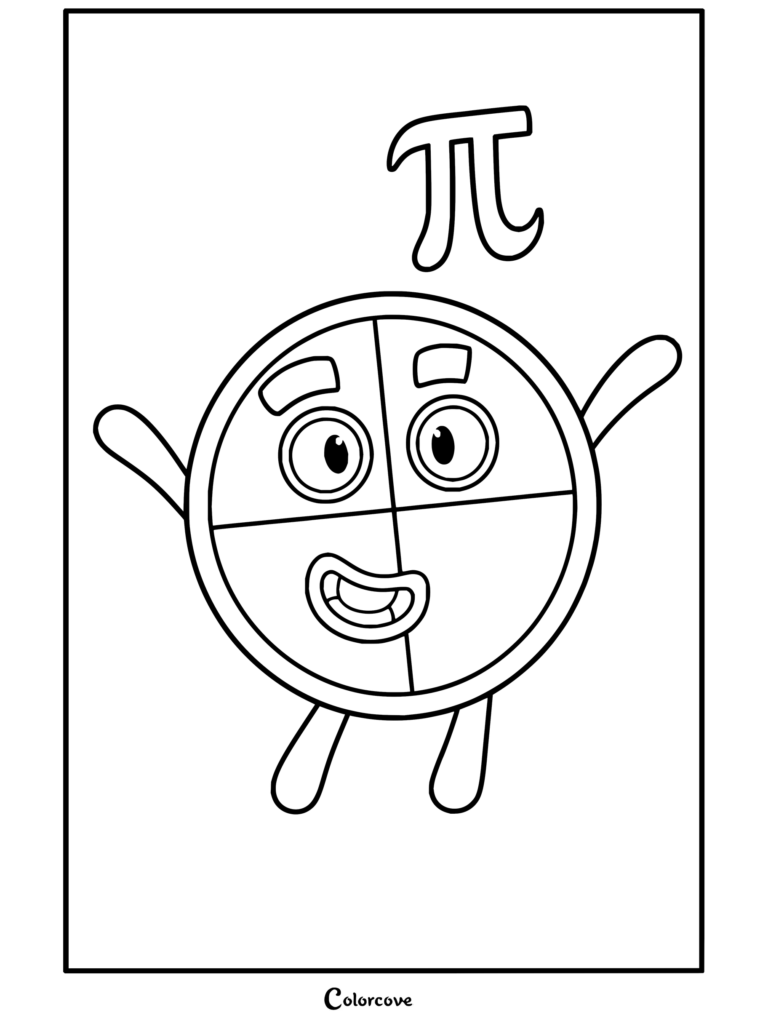 Coloriage Numberblocks à imprimer représentant le personnage Pi avec son corps rond jaune et ses membres verts.