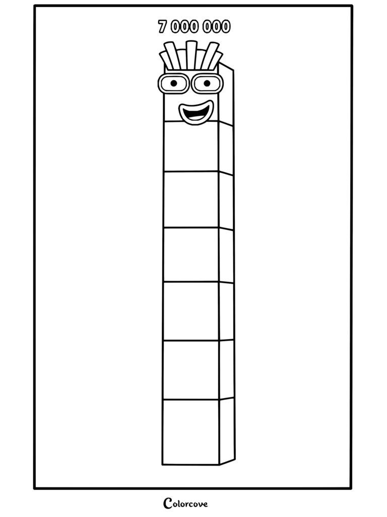 Coloriage Numberblocks du grand personnage Sept Millions aux couleurs de l'arc-en-ciel debout avec fierté.
