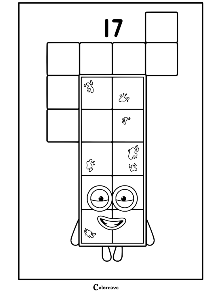 Coloriage du personnage Numberblocks Dix-sept se tenant fièrement, composé de dix-sept blocs multicolores avec yeux et bouche.