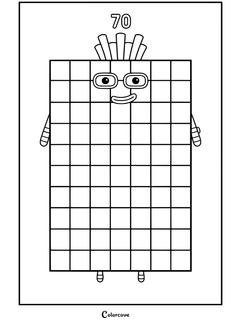 Coloriage du personnage Soixante-dix de Numberblocks se tenant debout avec ses colonnes aux couleurs de l'arc-en-ciel et son expression joyeuse.
