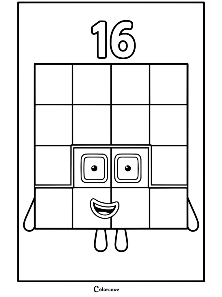 Coloriage du personnage Numberblocks Seize souriant, formant un carré de blocs violets surmonté du nombre seize.