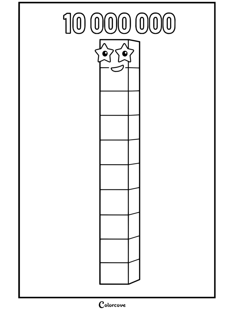 Coloriage du personnage Dix Millions de Numberblocks en haute tour avec des lunettes en forme d'étoile et une expression souriante.