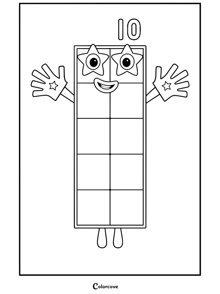Coloriage de Numberblocks Dix se tenant debout, souriant avec les bras levés et des yeux en forme d'étoiles.