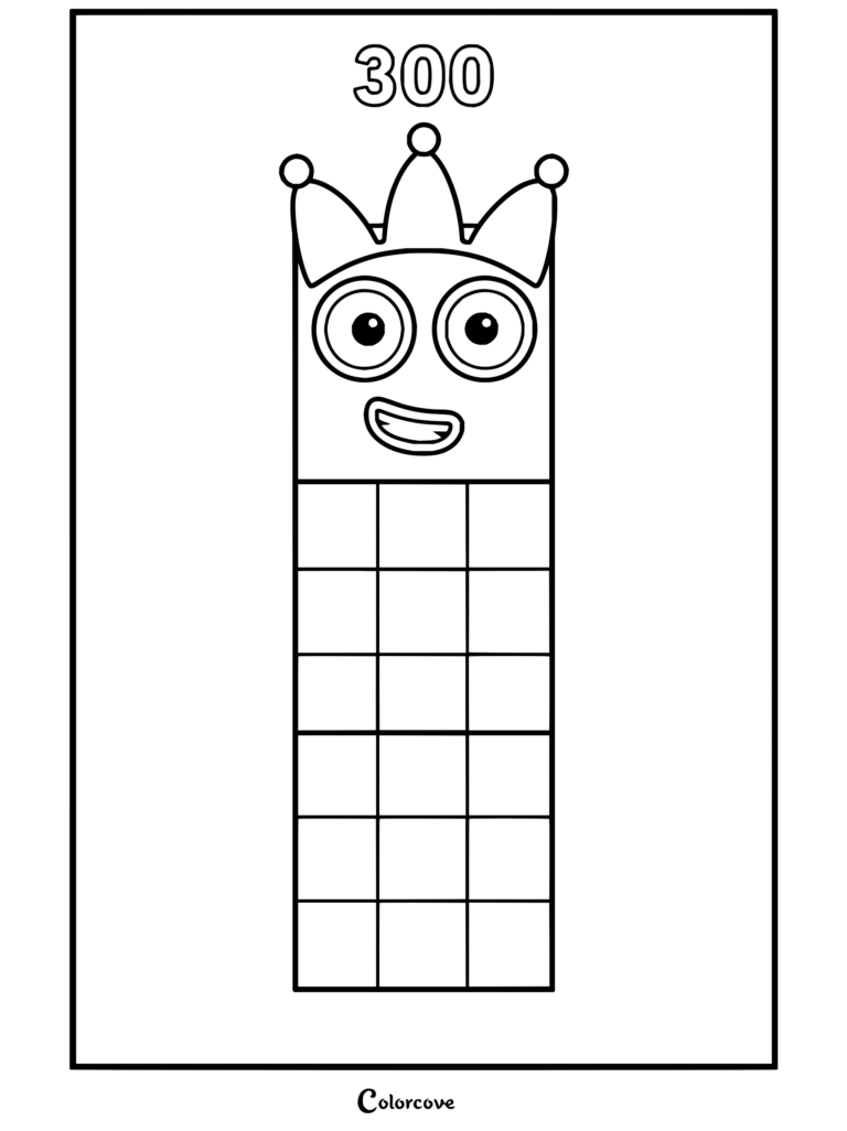 Coloriage de Trois Cents de Numberblocks, une haute pile jaune souriante coiffée d'une couronne rouge à trois pointes.